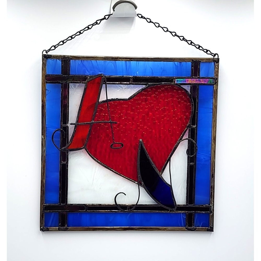 Handmade Stained Glass Red Heart Suncatcher Hanging Blue Border Signed BP22 Art